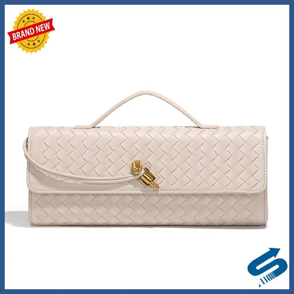 Woven Vegan Leather Clutch Purse with Detachable Strap, 12x5x1.5in